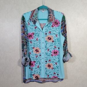 04166 John Mark aqua multi-media embroidered button blouse M